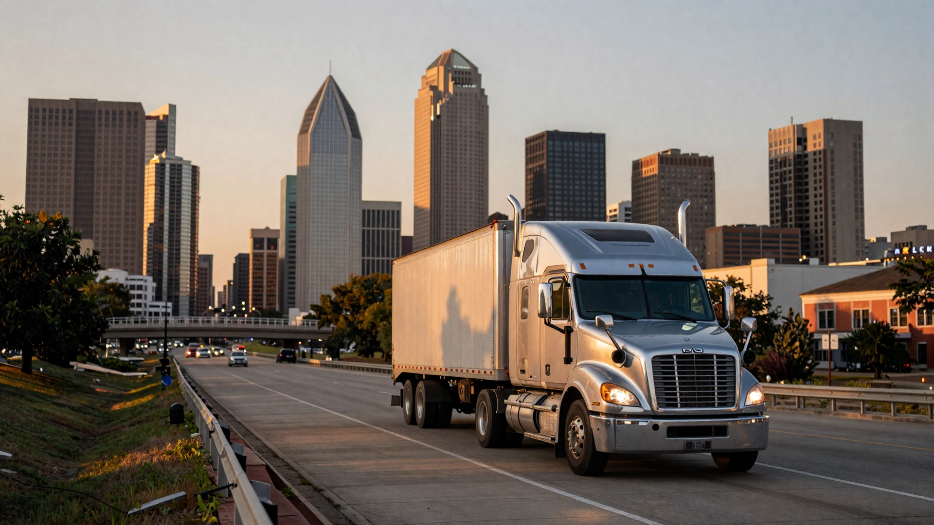 Dallas skyline at dusk from the highway - trucker dating Dallas lifestyle