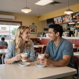Carlos and Amanda sharing coffee at a diner - regional trucker dating success