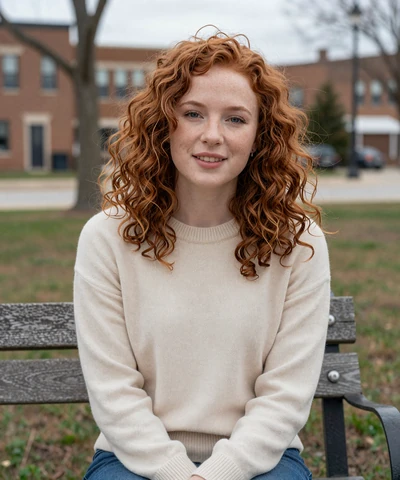 Rachel, 27, in a sweater on a Cedar Rapids park bench - CDL dating Iowa profile
