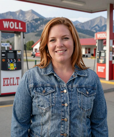 Brandi, 35, in a denim jacket at a Wyoming gas station with mountains - trucker dating Wyoming profile