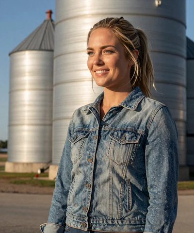 Brittany, 33, in a denim jacket near a Nebraska grain elevator - trucker dating Nebraska profile