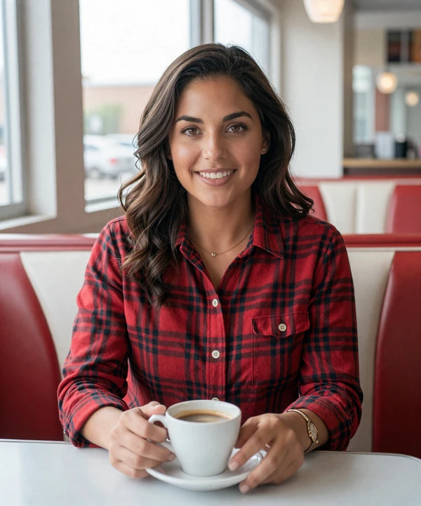 Woman in a flannel shirt at a Chicago diner - trucker dating Chicago profile