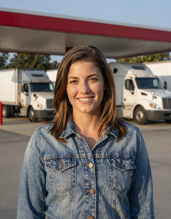 Woman in denim jacket at a Georgia truck stop near Atlanta - trucker dating Atlanta profile