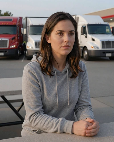Woman sitting alone at a truck stop picnic table in the evening - loneliness among OTR drivers