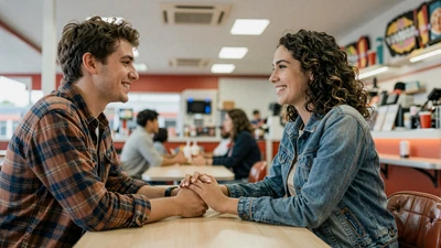Couple holding hands at a truck stop diner - maintaining relationships during long hauls