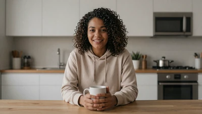 Woman with coffee at a kitchen table - maintaining relationships during long hauls