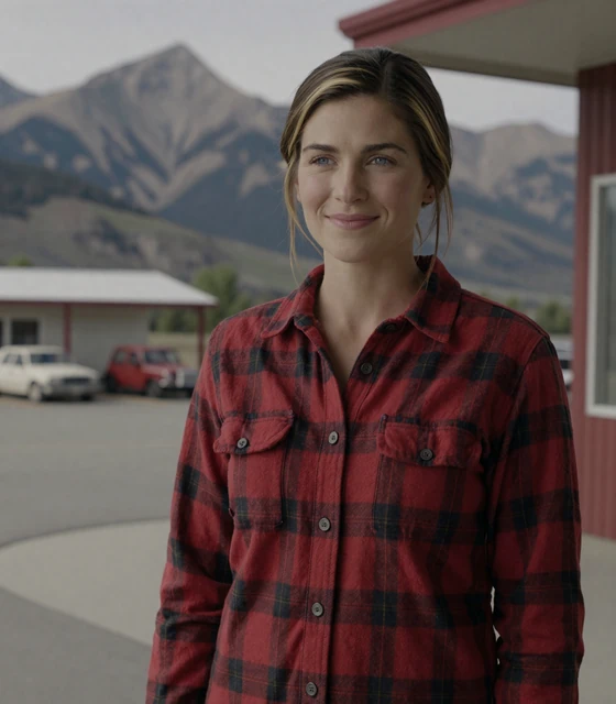 Megan, 33, in a flannel shirt at a Wyoming rest area with mountains behind - trucker dating Wyoming profile