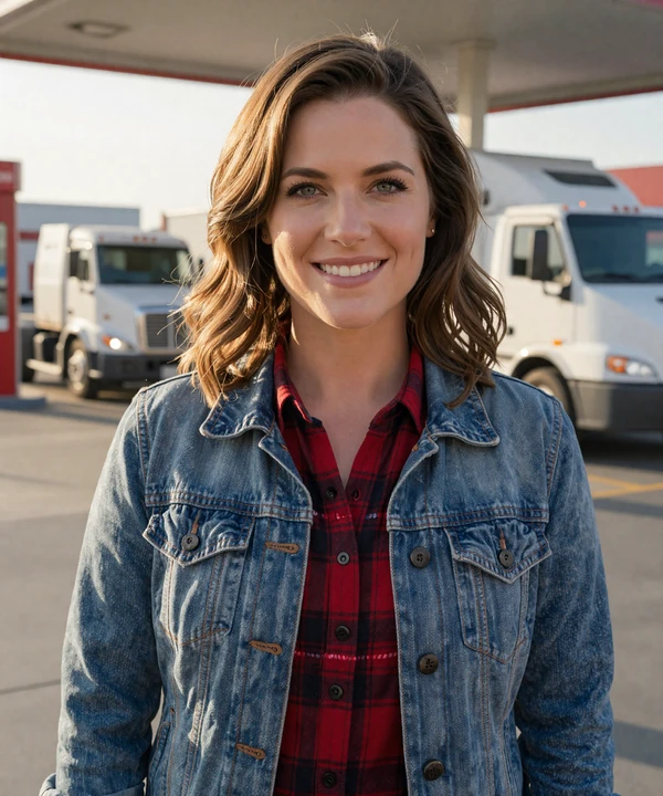 Woman in a flannel shirt smiling at a truck stop - DriveMatch trucker dating service