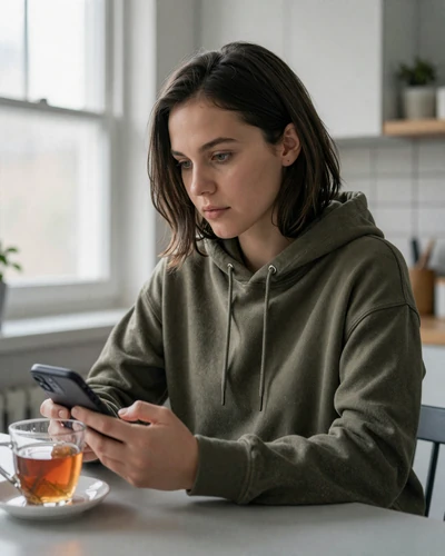 Woman in hoodie looking at phone at kitchen table - free vs hidden payments in dating apps for truck drivers