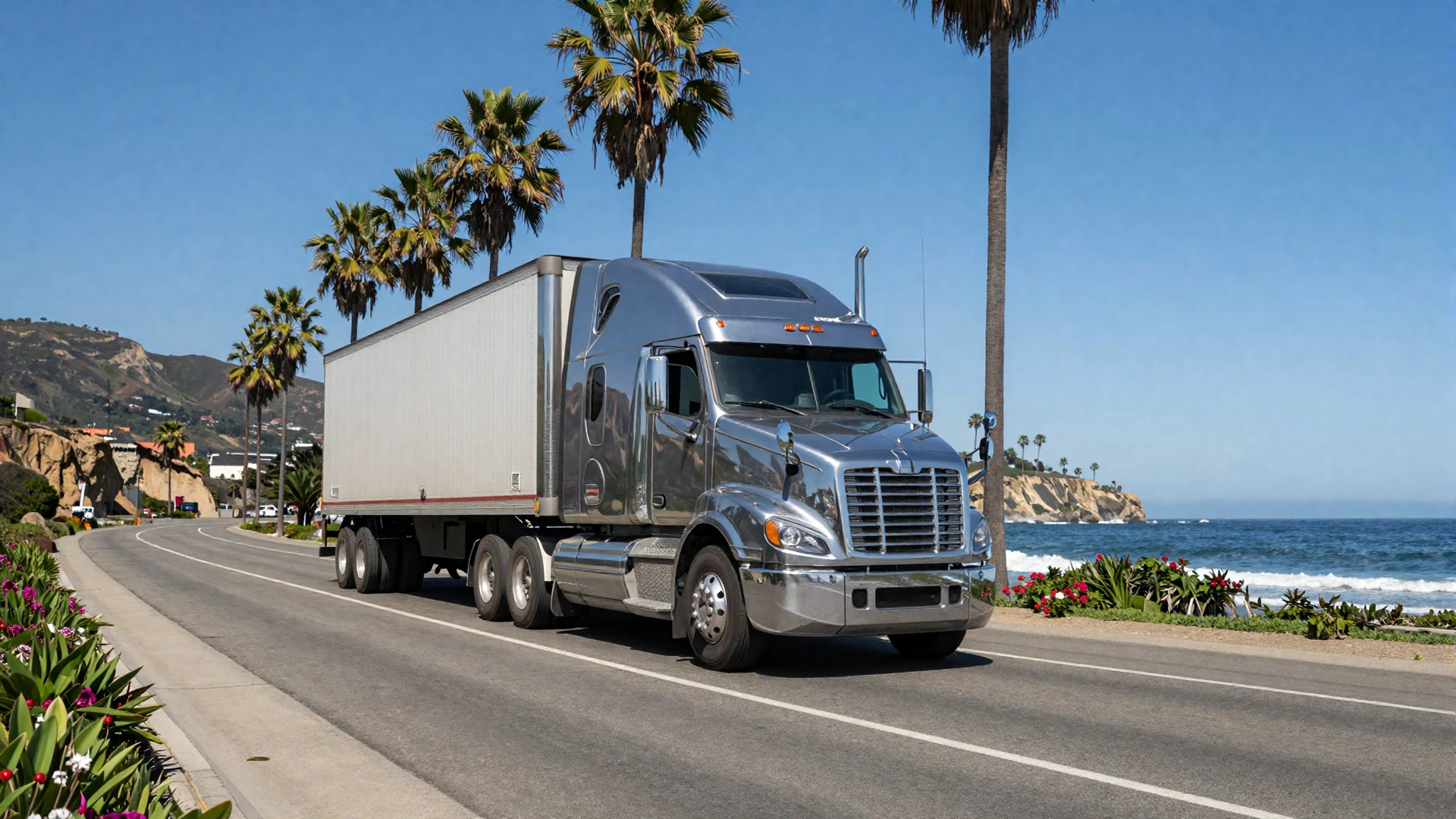 Semi-truck on a California coastal highway at midday - trucker dating California lifestyle