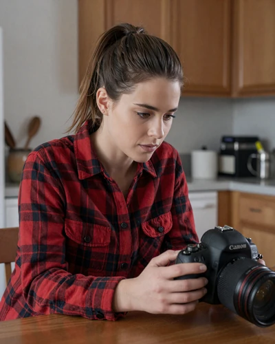 Woman in a flannel shirt looking at her phone - authentic trucker dating profile tips