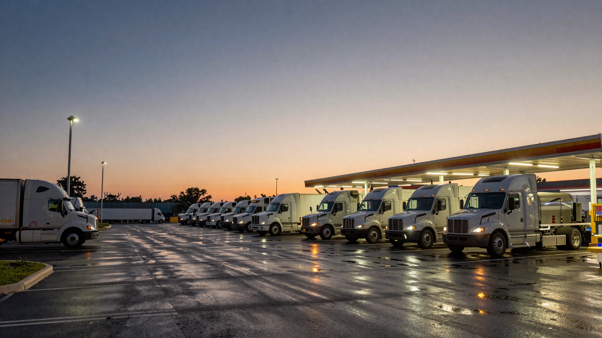 Truck stop parking lot at evening with rows of semi trucks - online dating tips for truck drivers