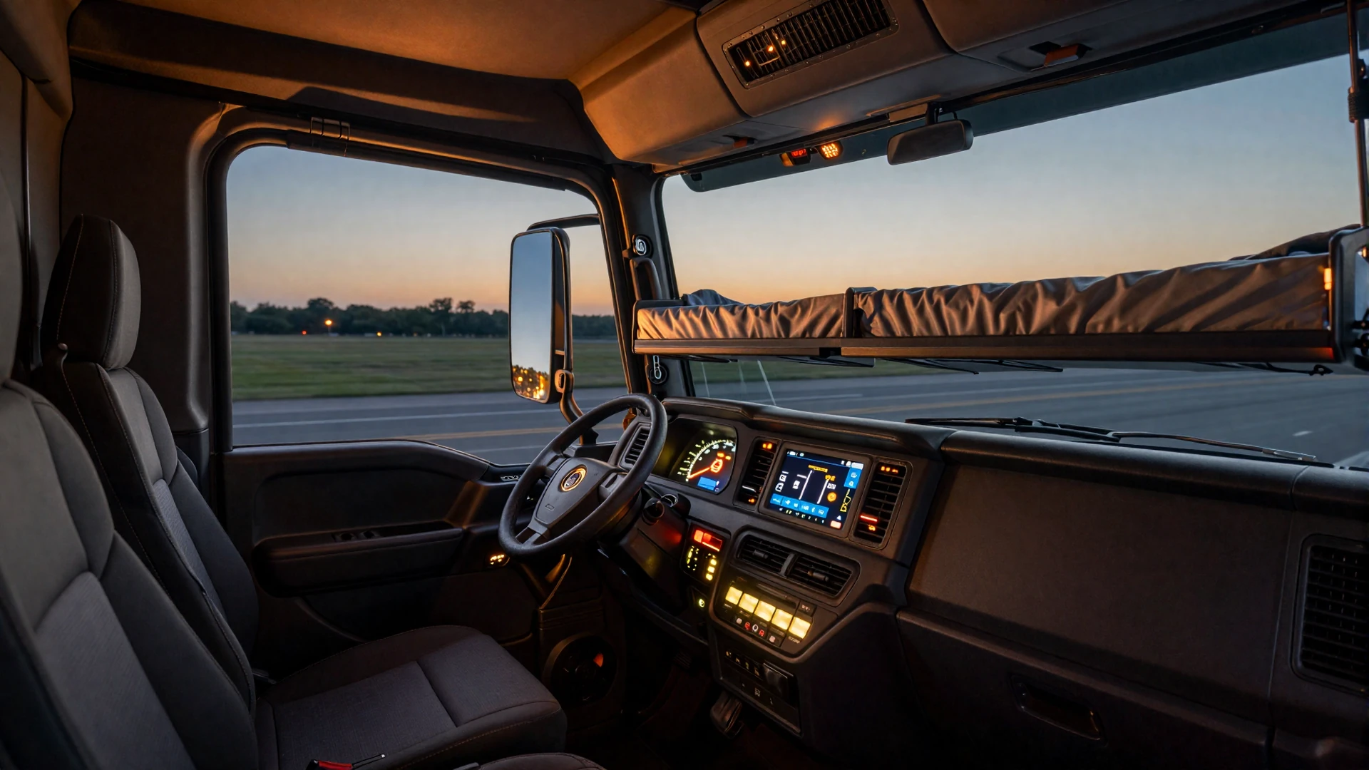 Semi-truck cab interior at dusk - dating a truck driver lifestyle
