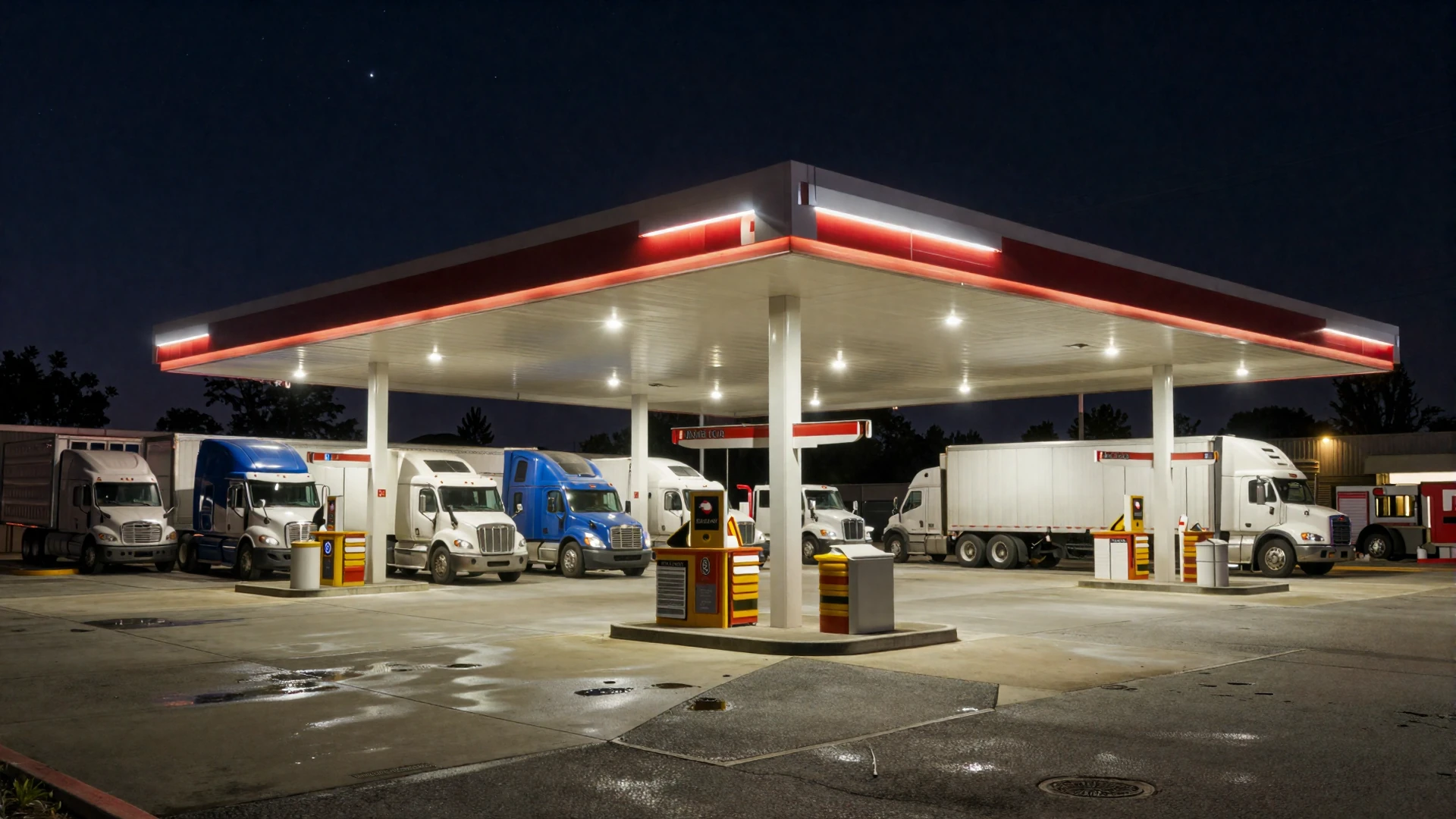 Truck stop at night with illuminated fuel islands and parked semi trucks - truck stop loneliness and modern dating
