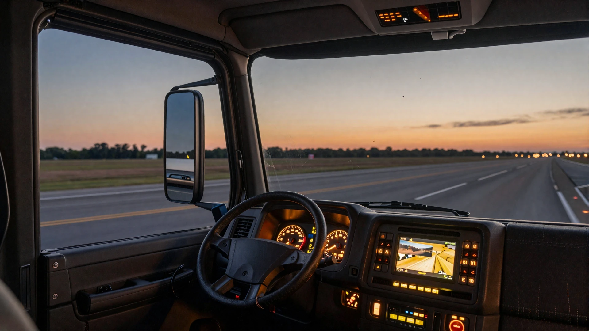 Semi truck cab interior at dusk with dashboard glow and highway through windshield - life on the road and dating