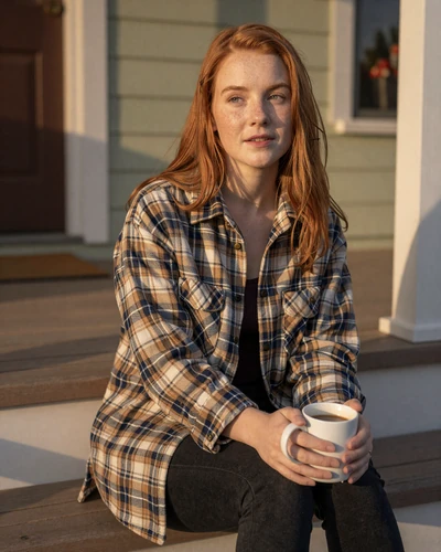 Woman sitting on porch steps with coffee - decompression after a truck haul