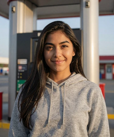 Rosa, 25, Latina woman in a hoodie at a Chicago gas station - trucker dating app Chicago