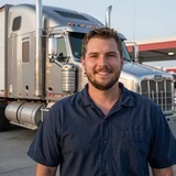 Florida OTR driver Rob smiling by a Peterbilt after trucker dating success