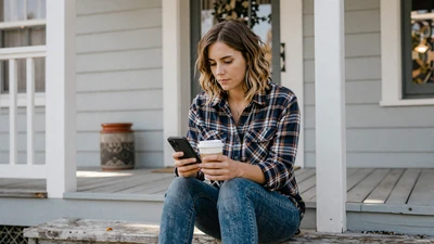 Woman with coffee on a porch looking at her phone - balancing trucking schedules with relationships