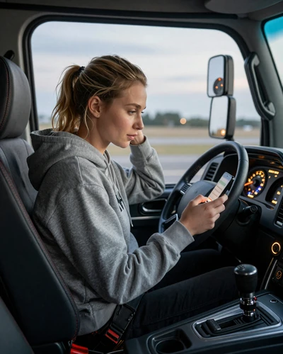 Woman in hoodie swiping on phone in a truck cab - tinder for truckers limitations