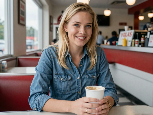 Brittany, 29, in a denim shirt at a diner near I-95 - New York trucker dating lifestyle