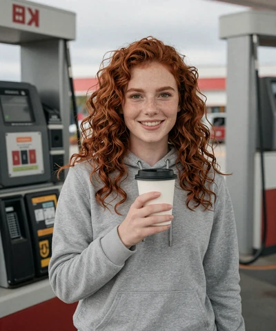Samantha, 26, holding coffee at a gas station - trucker singles dating profile