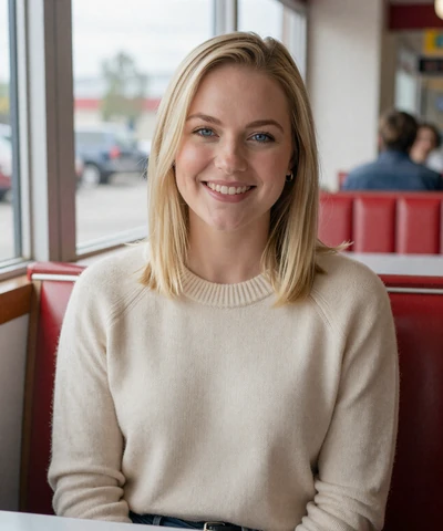 Brittany, 27, in a sweater at a Dallas diner - trucker dating Dallas profile