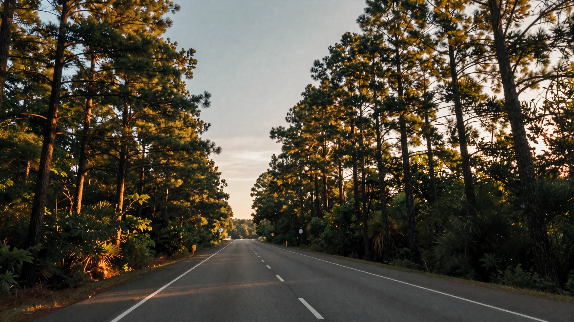 Georgia interstate highway lined with pine trees at sunset - trucker dating Georgia lifestyle