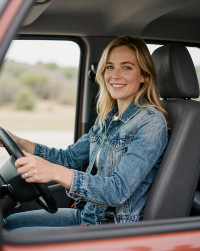 Woman in a denim jacket sitting in a truck cab passenger seat - authentic cab profile photo for trucker dating