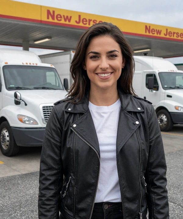 Vanessa, 31, in a leather jacket at a New Jersey truck stop near NYC - trucker dating New York profile