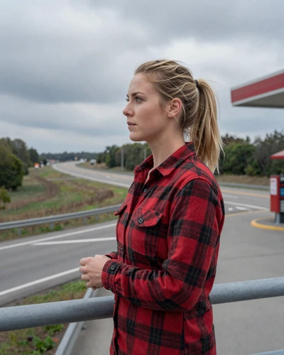 Woman standing at a rest area overlooking the highway - psychological challenges of OTR driving