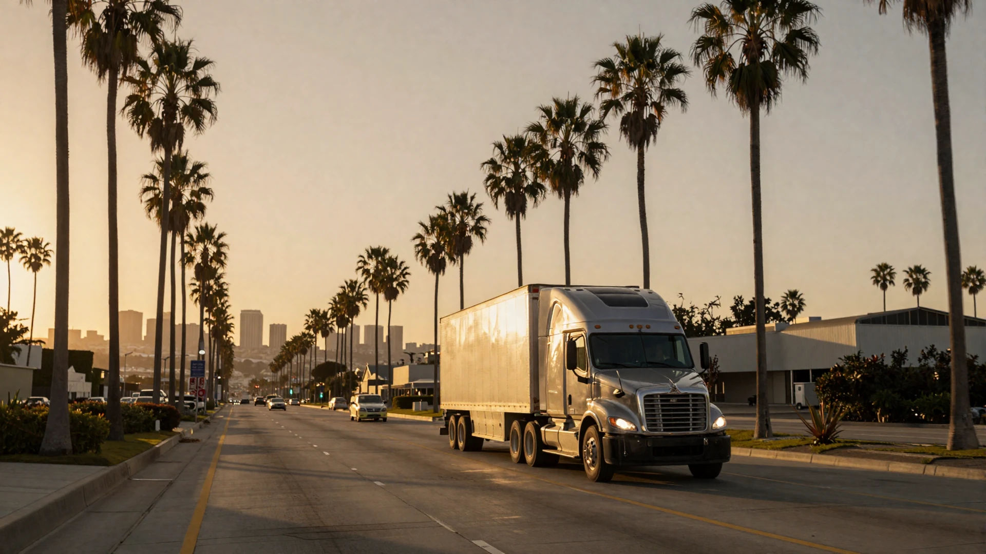 Los Angeles interstate highway at sunset with palm trees and a semi-truck - trucker dating Los Angeles