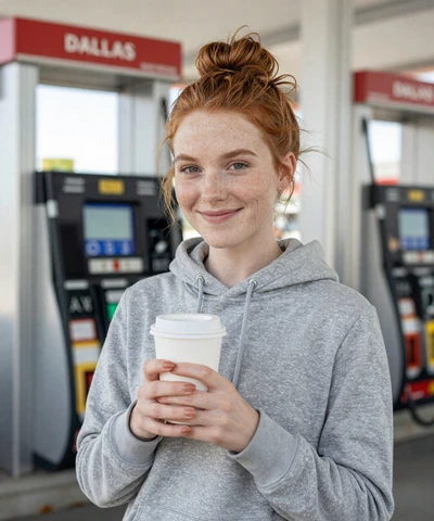 Hannah, 25, in a hoodie at a Dallas gas station - trucker singles Dallas profile