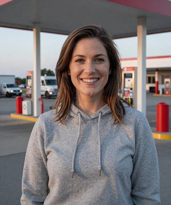 Woman in a hoodie at an Illinois truck stop - trucker dating Illinois profile