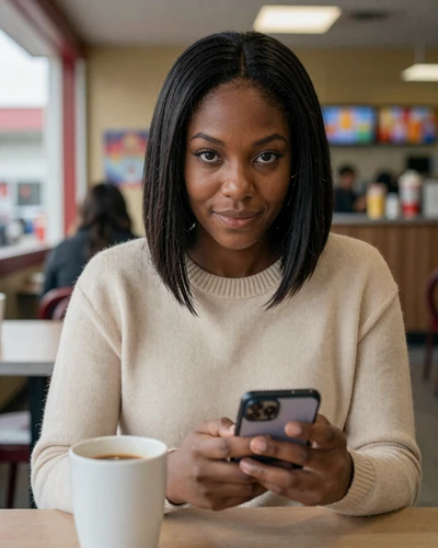 Woman in sweater holding phone at truck stop cafe - dating apps for truck drivers comparison