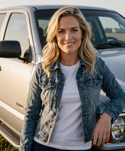 Amanda, 32, in a denim jacket leaning on a pickup truck - CDL dating profile photo