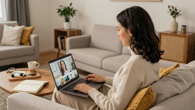 Woman video calling from a couch - maintaining relationships during long hauls