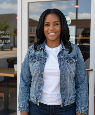 Tanya, 36, in a denim jacket at an Iowa cafe - trucker singles Iowa dating profile