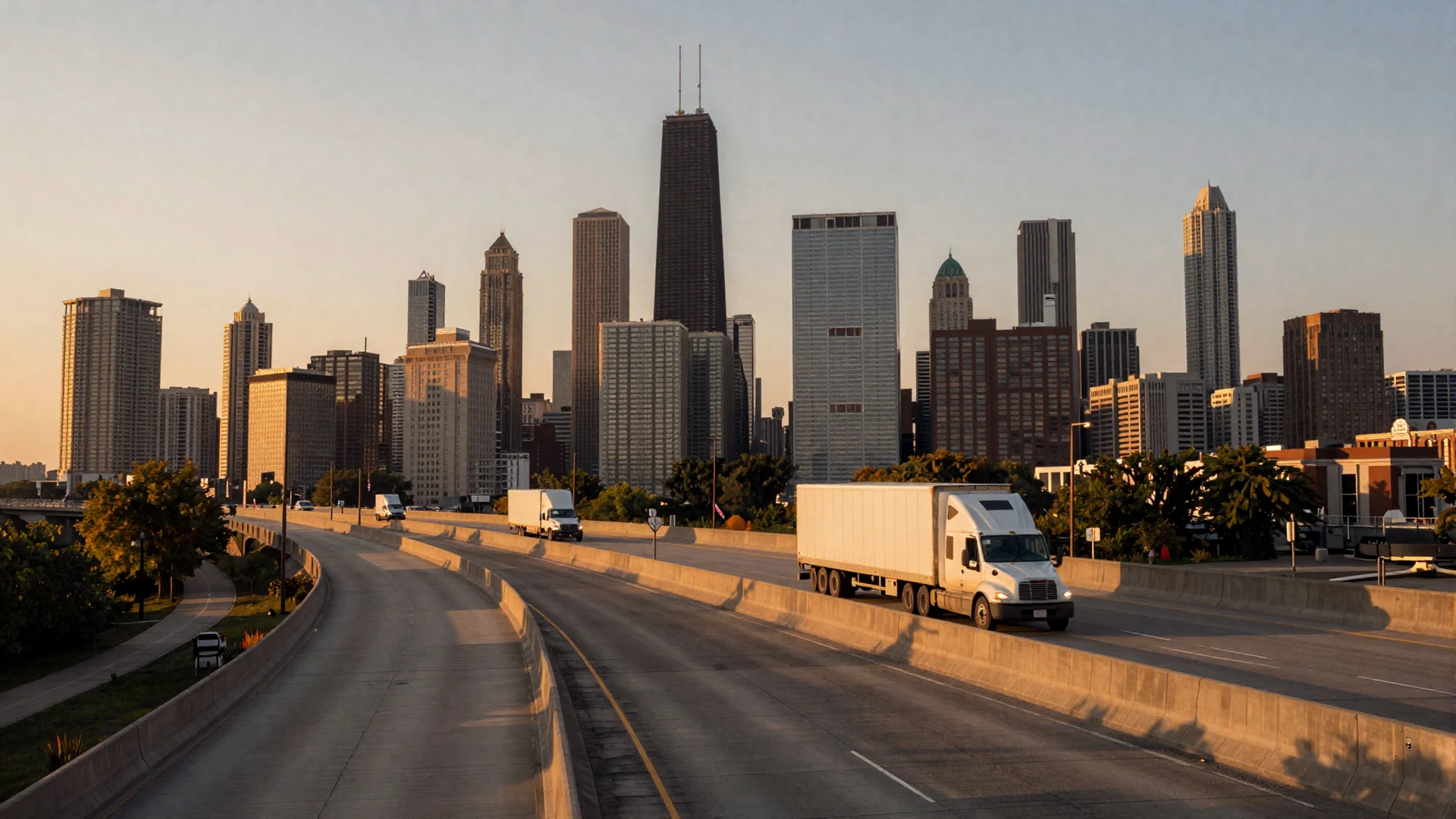 Chicago skyline at dusk viewed from the interstate - trucker dating Chicago