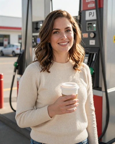 Woman holding coffee at a gas station - trucker dating app lifestyle