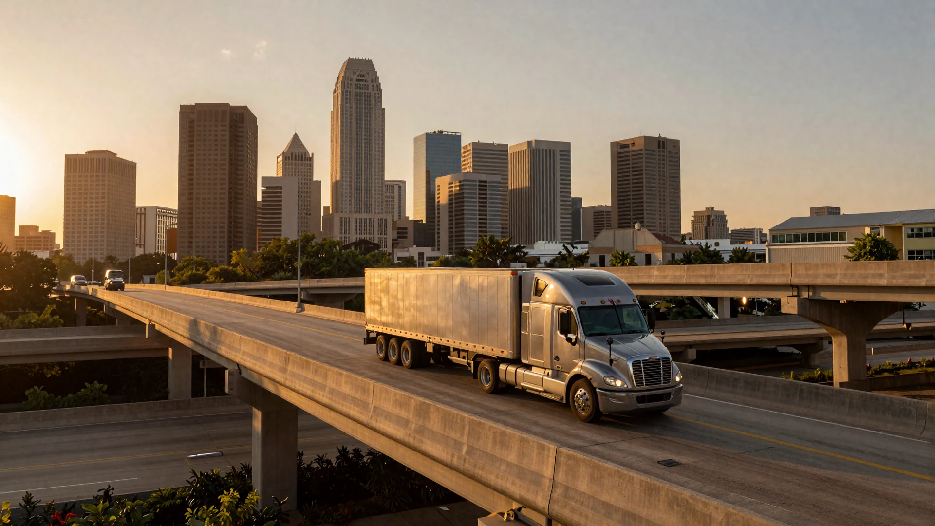 Houston interstate interchange at sunset with a semi-truck - trucker dating Houston lifestyle