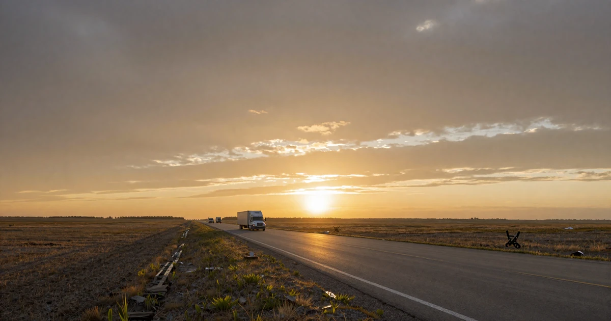 Nebraska I-80 at sunrise with a semi truck on the open plains - trucker dating Nebraska