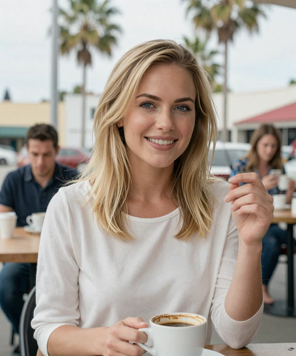 Megan, 28, smiling at a Los Angeles outdoor cafe - trucker dating Los Angeles profile