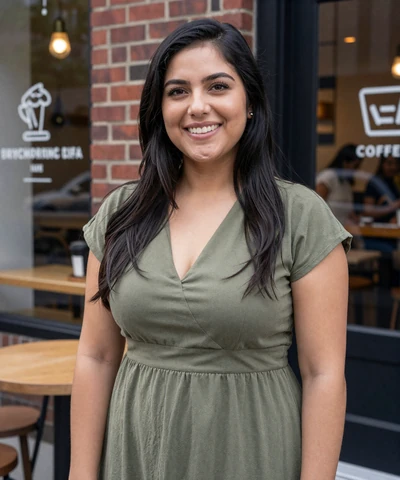Daniela, 33, in a casual dress at a Brooklyn coffee shop - New York trucker dating profile