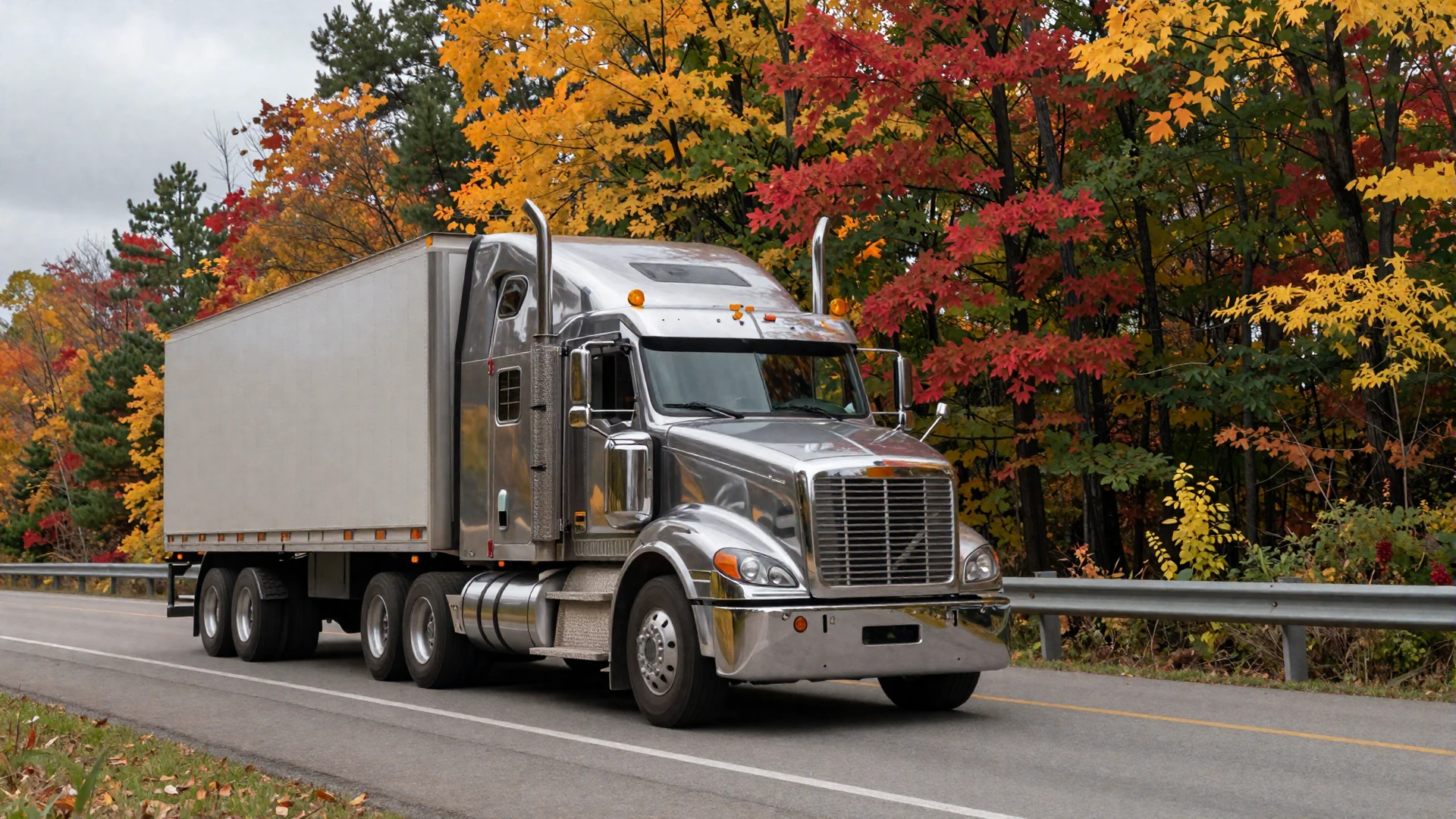 Semi-truck on a Pennsylvania forest highway in autumn - trucker dating Pennsylvania lifestyle