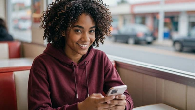 Woman holding a phone at a diner - online dating tips for truck drivers