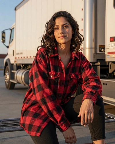 Woman in a flannel shirt sitting on truck steps at sunset - emotional health habits for OTR drivers