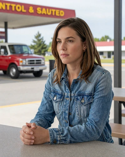 Woman in a denim jacket sitting thoughtfully at a truck stop picnic table - dating someone who travels for work