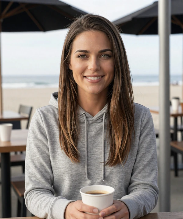 Woman in a hoodie at a California beachside cafe - trucker dating California profile