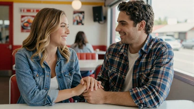 Couple holding hands at a roadside diner - maintaining relationships during long hauls